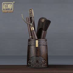 神雕六君子套装实木茶道配件古典茶艺摆件高档大马士革不锈钢茶具